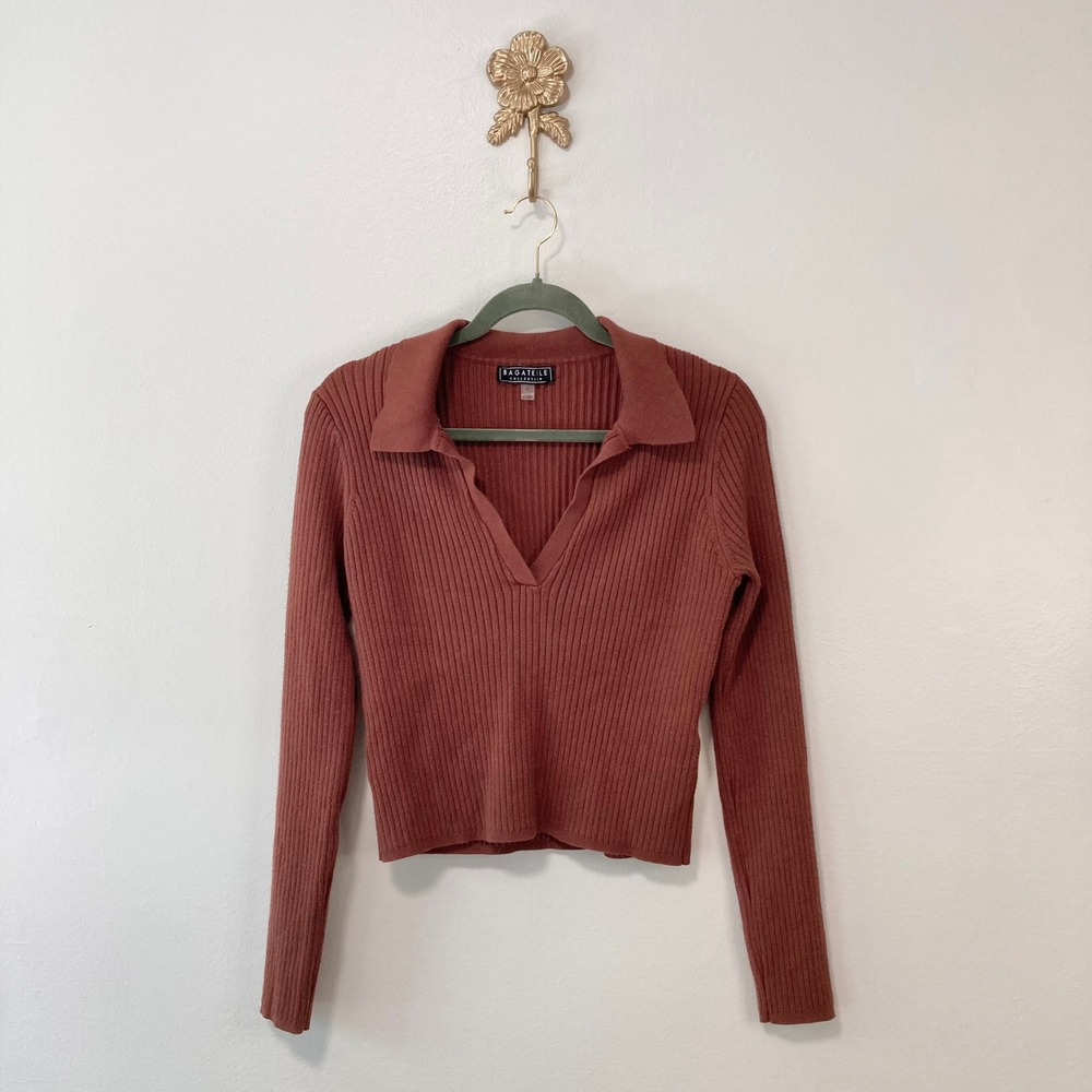 Brown Ribbed Knit V-Neck Cropped Polo Sweater L Preppy Academia Minimalist Fall